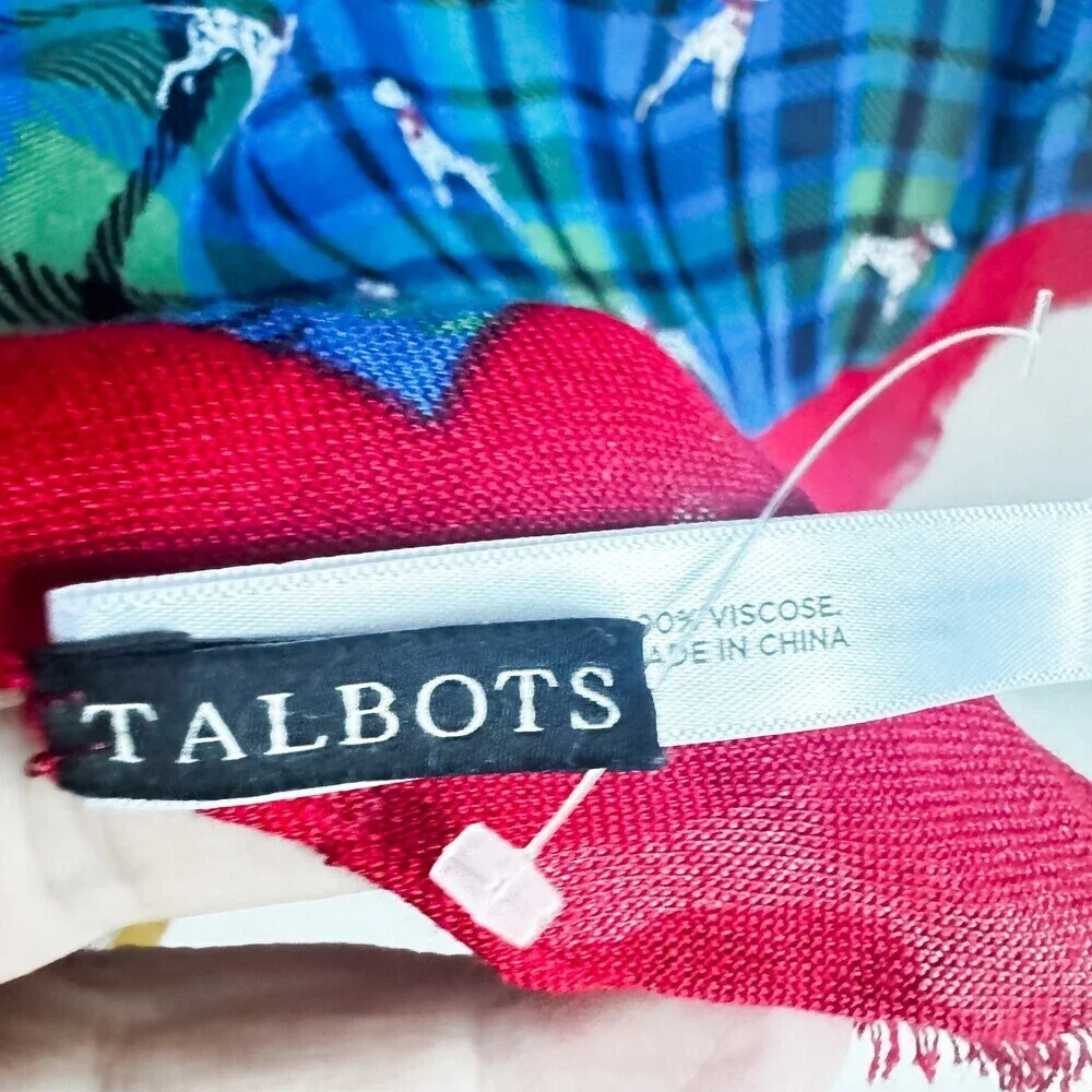 Talbots Green Blue Plaid Dog Dalmatian Print Lightweight Scarf